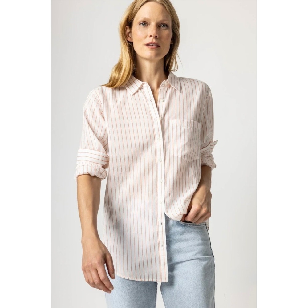 LILLA P Boyfriend Button Down Shirt Top Women M Tangerine Stripe Cotton Minimal - Picture 15 of 16